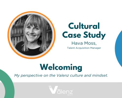 Headshot of Hava Moss with her word to describe the culture at Valenz Health, "welcoming."